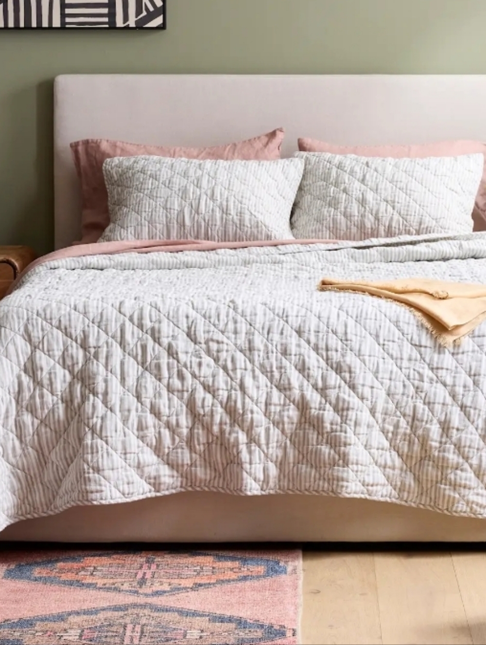Quince European Linen Quilted Queen Sz Quilt Striped Fog And White NEW